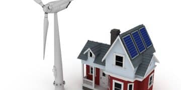 Solar panels on a house with wind turbine