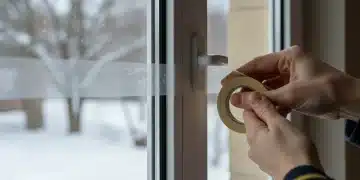 Hand applying weather stripping to a window frame for winterization