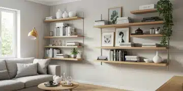Custom-built floating shelves in a modern living room