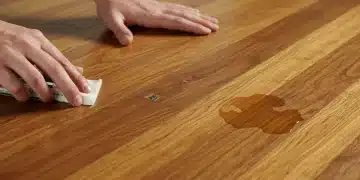 Hands applying a repair solution to a damaged hardwood floor, demonstrating DIY fixes for scratches, dents, and stains.