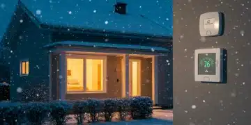 Modern home exterior with snow, warm lights, and smart thermostat for energy savings