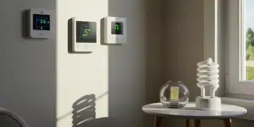 Modern living room with smart thermostat and LED lamp for energy efficiency