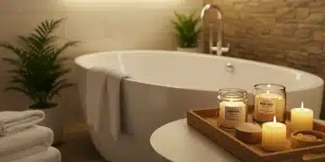 Luxurious spa-like bathroom with warm lighting and natural decor elements.