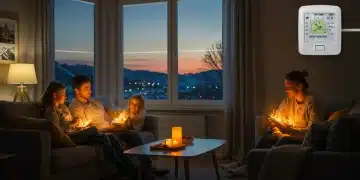 Family enjoying a warm, energy-efficient living room during winter, saving on utility bills