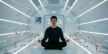 Serene individual finding peace through meditation in a futuristic, calm setting, symbolizing stress relief in 2026.