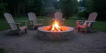 DIY backyard fire pit made from retaining wall blocks with a cozy fire