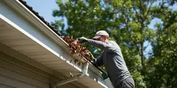 Person on ladder performing DIY gutter cleaning