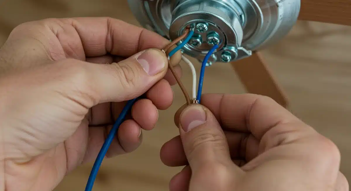 Hands connecting electrical wires during ceiling fan installation