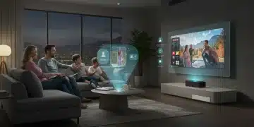 Family watching futuristic holographic streaming content in a modern living room