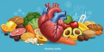 Healthy heart surrounded by nutritious foods for cholesterol management