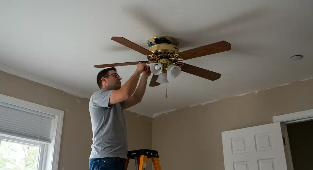 Homeowner securing a ceiling fan to the ceiling mount