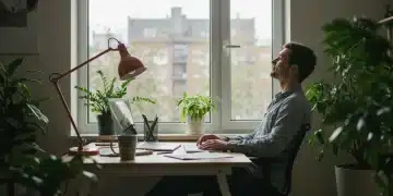 Serene individual finding work-life balance at a modern desk with plants, symbolizing peace and well-being.