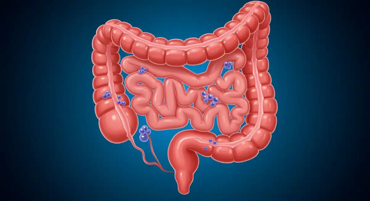 Illustration of colon with early-stage polyps