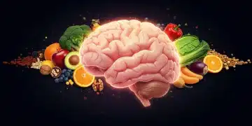 Diet and Brain Health: New Research Unveils Key Connections Colorful brain surrounded by healthy foods, symbolizing diet's impact on cognitive function.