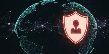 Digital shield protecting personal data on a global network, representing online identity protection.
