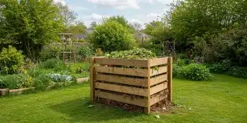 DIY wooden compost bin in a garden, filled with organic waste for sustainable living.