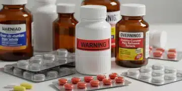 Assortment of OTC pain relievers with a prominent FDA warning label.