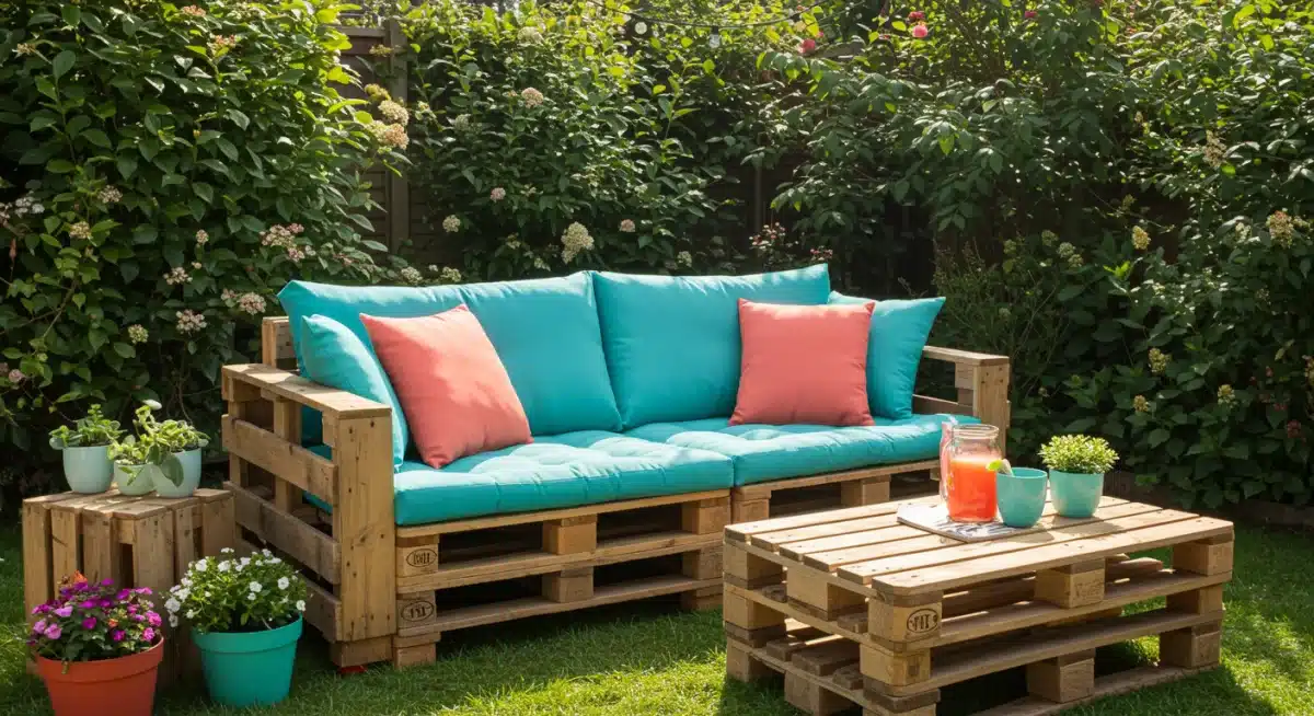 Finished two-seater pallet sofa with colorful cushions