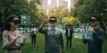 Futuristic augmented reality glasses enhancing daily life in a city park
