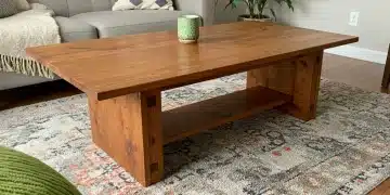 Handcrafted wooden coffee table in a modern living room