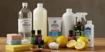 Ingredients for homemade cleaning products on a wooden table