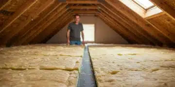 Well-insulated attic space with insulation batts for energy efficiency.