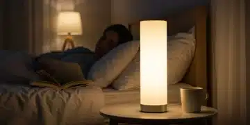 Light therapy lamp on a bedside table, offering bright light for SAD treatment.