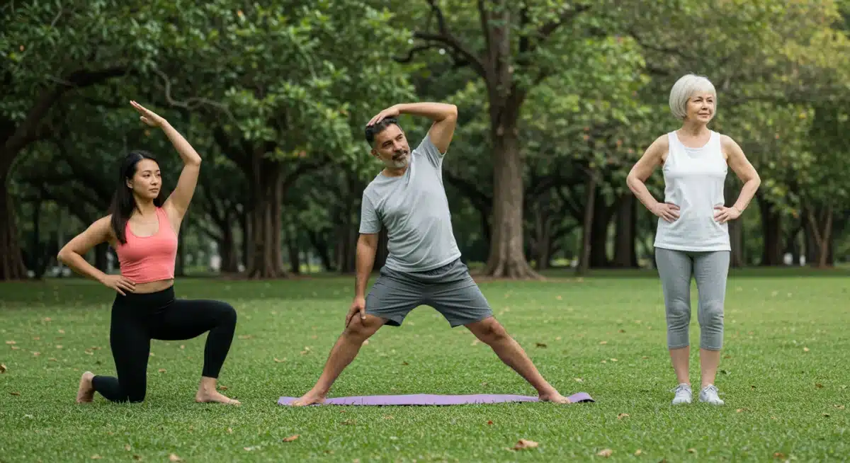 People practicing natural pain relief methods outdoors.