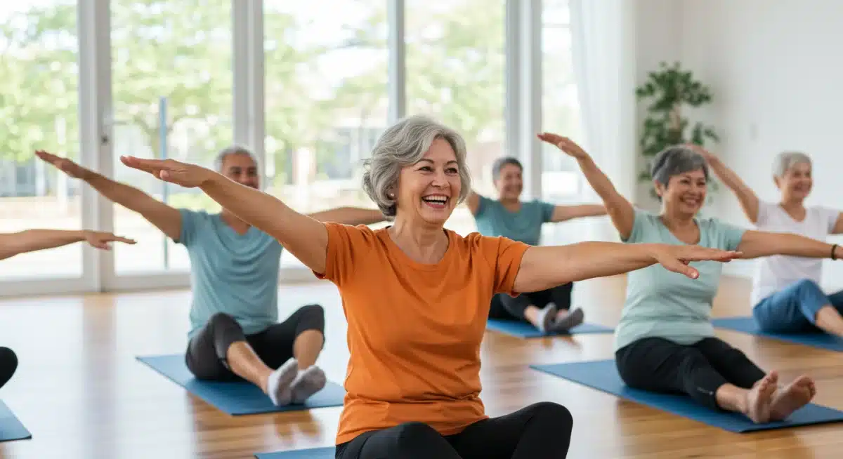 Diverse older adults engaged in a low-impact exercise class for brain health.