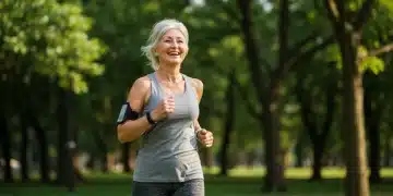 Older woman jogging in a park, symbolizing improved cognitive function through exercise.