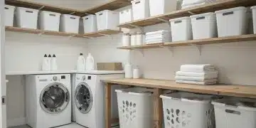 Organized laundry room with DIY shelves and storage bins