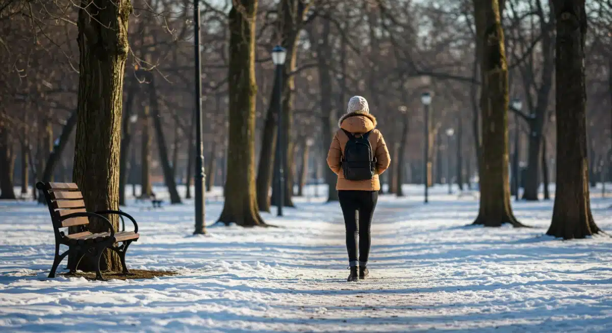 Person walking in a sunny park, enjoying natural light for well-being.