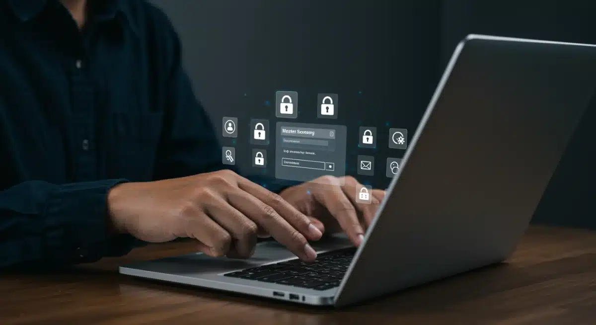 User managing passwords with a password manager interface on a laptop