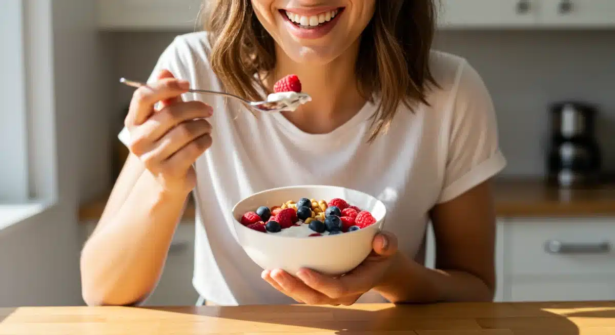 Woman eating probiotic-rich yogurt for gut health