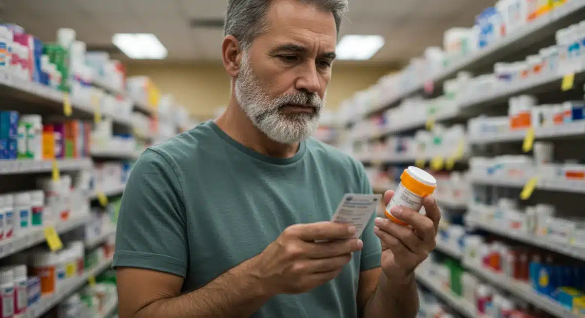Person examining an over-the-counter medication label carefully.