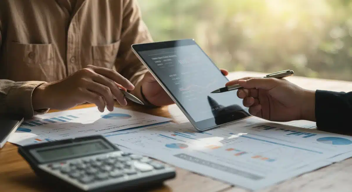 Individual reviewing credit report and financial statements