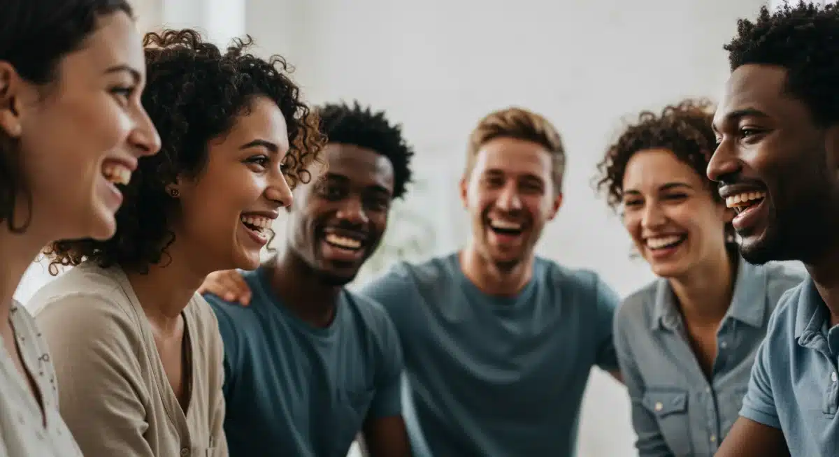Group of diverse people laughing, emphasizing social connection for mental health.