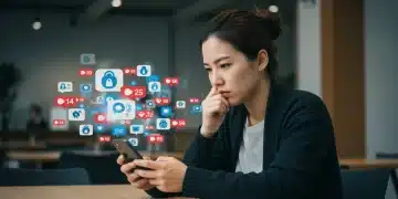 Thoughtful person viewing phone with social media icons