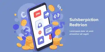 Smartphone displaying subscription apps with a downward trend arrow and dollar signs, symbolizing reduced costs.