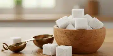 Sugar cubes in a bowl with a measuring spoon, symbolizing sugar intake.